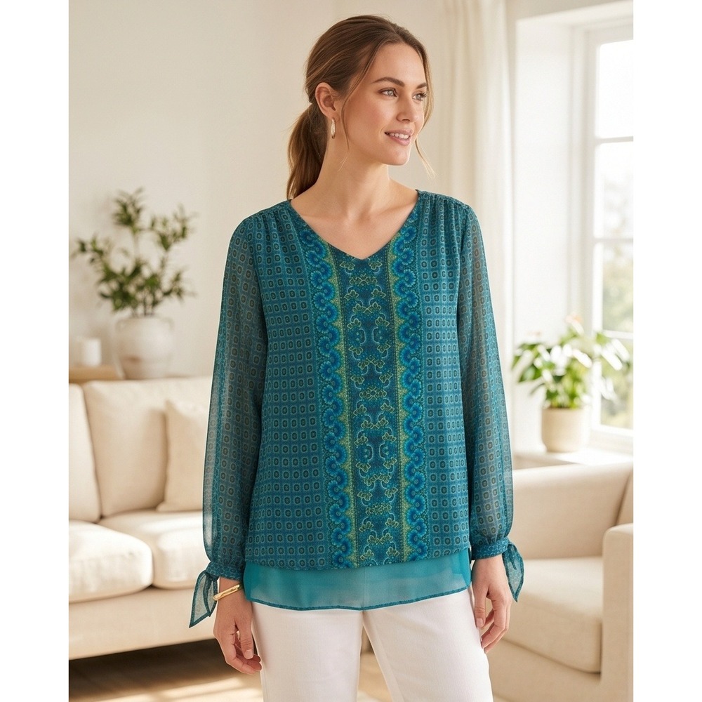 Belle by Kim Gravel 2X Blue Green Medallion Print Chiffon Blouse Romantic Flowy